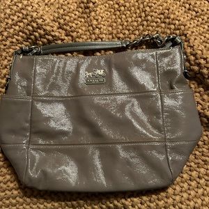 Gray coach bag with navy inside lining